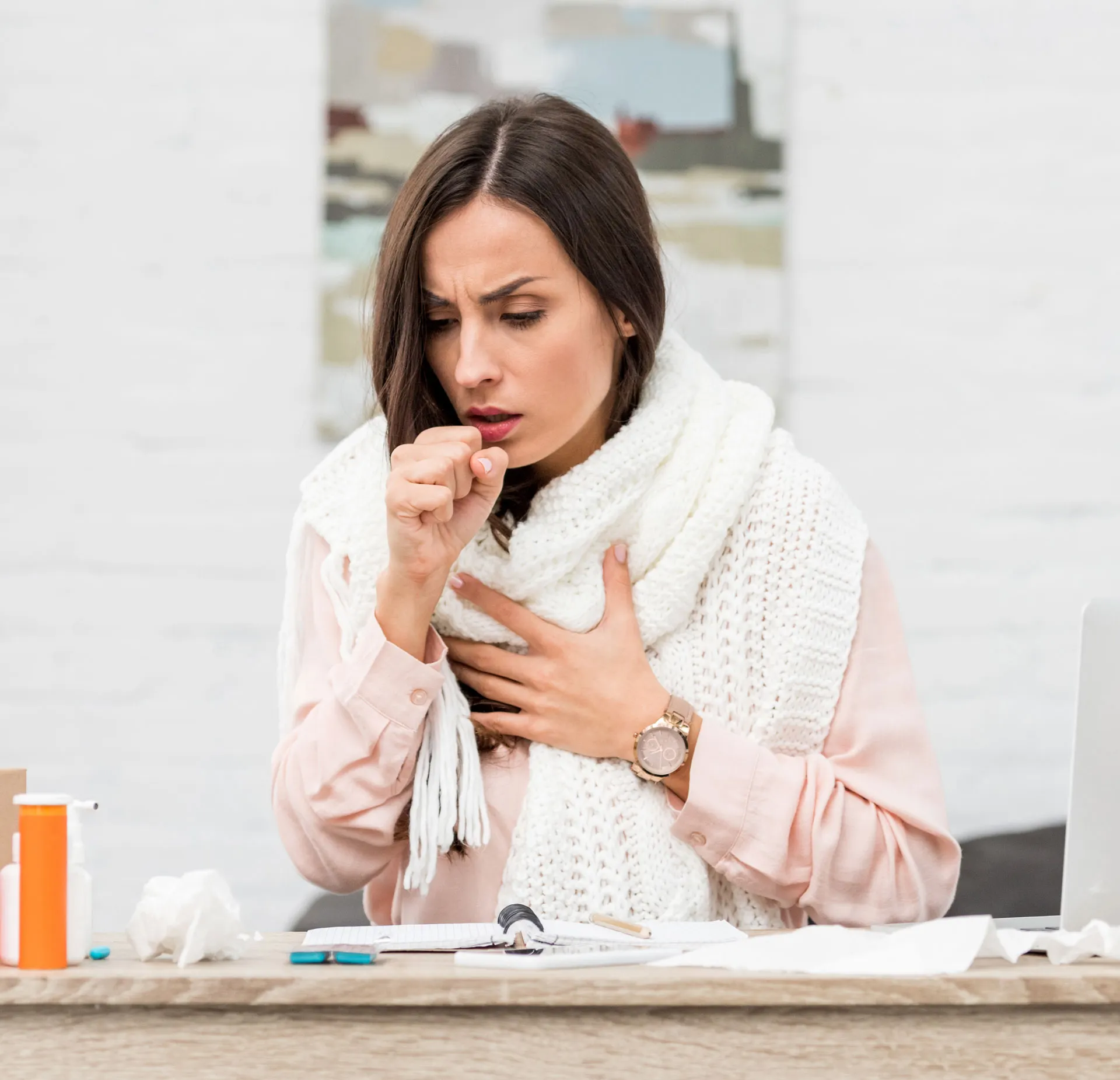 sick young businesswoman having cough at workplace 2022 12 16 16 07 52 utc 1
